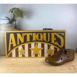 Vintage Wooden Antiques Sign With Stars & Stripes Design
